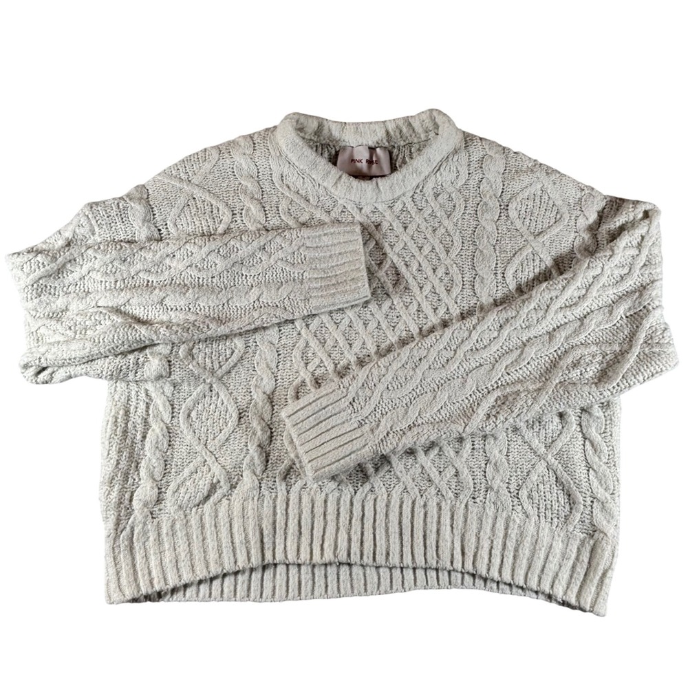 Pink Rose Cream Cable Knit Crewneck Sweater Womens Medium Chunky Soft Ribbed